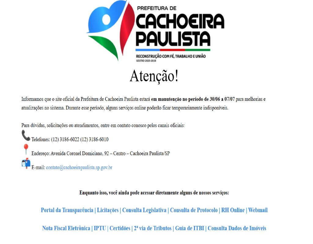 site-da-prefeitura-de-cachoeira-paulista-passa-por-manutencao-ate-7-de-julho