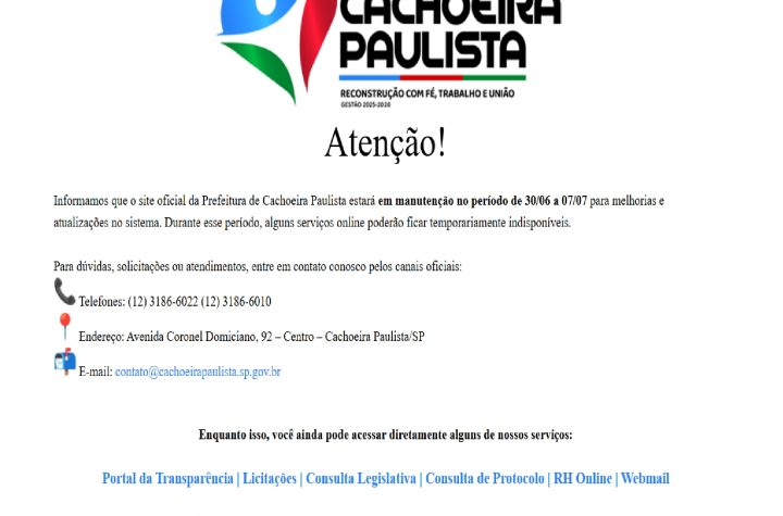 site-da-prefeitura-de-cachoeira-paulista-passa-por-manutencao-ate-7-de-julho