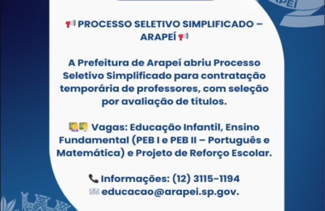 Arapeí abre processo seletivo para contratar professores temporários
