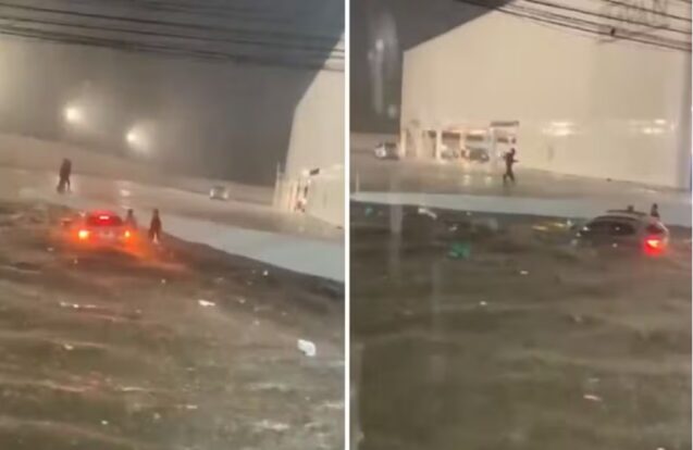 Chuva forte alaga avenida em São José e carro fica submerso no Monte Castelo