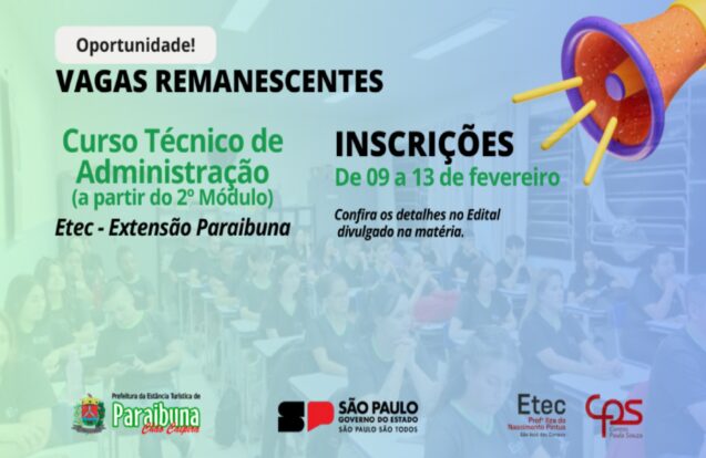 ETEC abre inscrições para vagas remanescentes do curso Técnico em Administração em Paraibuna
