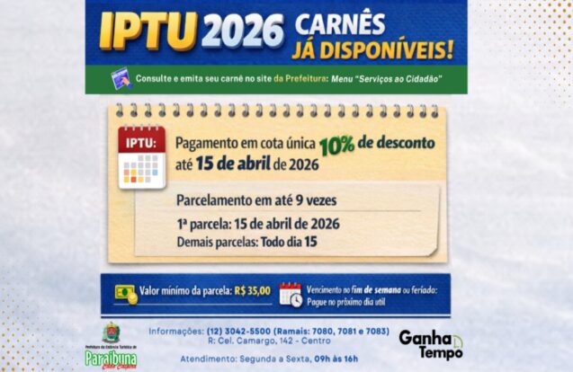 IPTU 2026 de Paraibuna já está disponível para consulta e pagamento