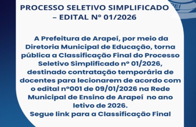 Prefeitura de Arapeí divulga classificação final de processo seletivo da Educação