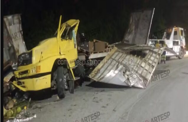Caminhão perde freio e tomba na Tamoios em Paraibuna
