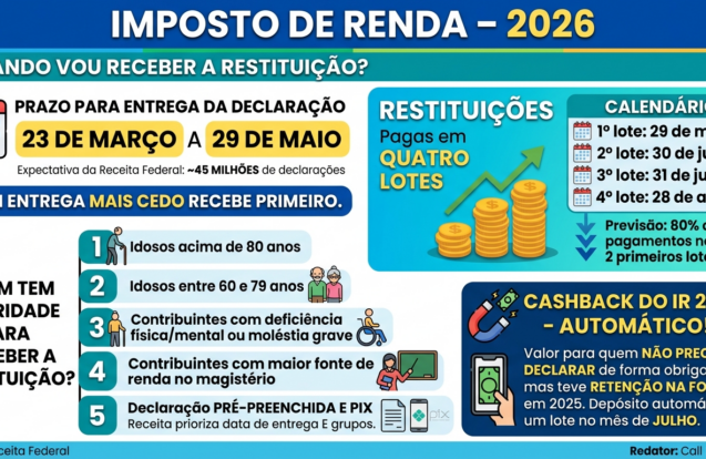 Imposto de Renda 2026 já tem calendário de restituição; veja quando você recebe