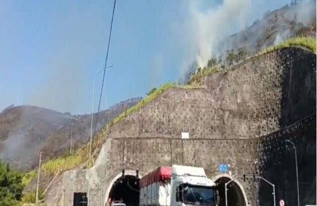 Incêndio de grandes proporções atinge vegetação perto da Tamoios em São Sebastião