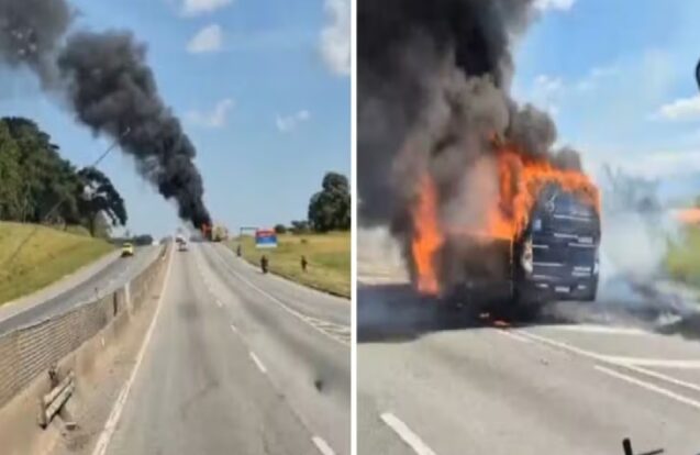 Ônibus com passageiros pega fogo na Dutra em Cachoeira Paulista