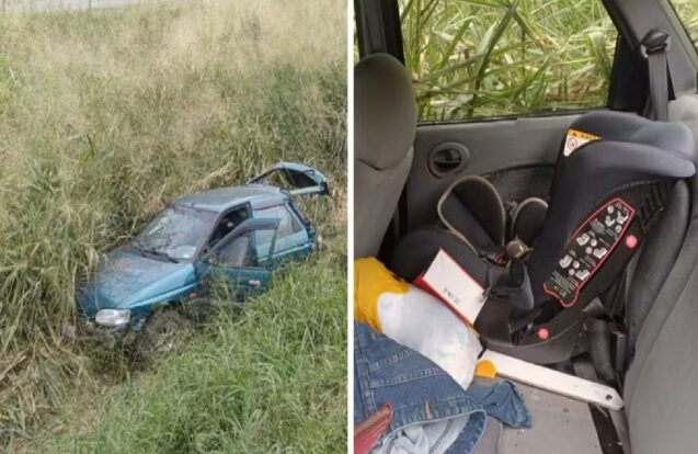 Cadeirinha salva bebê após carro cair em barranco na Via Dutra em Pindamonhangaba